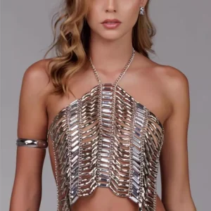 Elegant Metallic Chain mail Style Halter Neck Chest Chain Crop Top