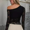 Elegant Off-Shoulder Flared Long Sleeves Open Shoulder Lace Top - Image 3