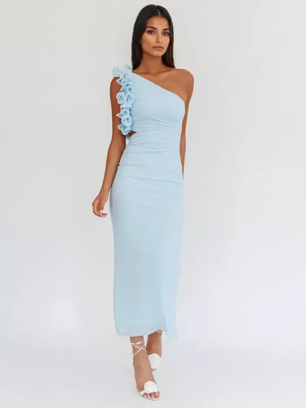 Elegant Ruffles One-Shoulder Cutout Waist Mermaid Long Dress - Image 10