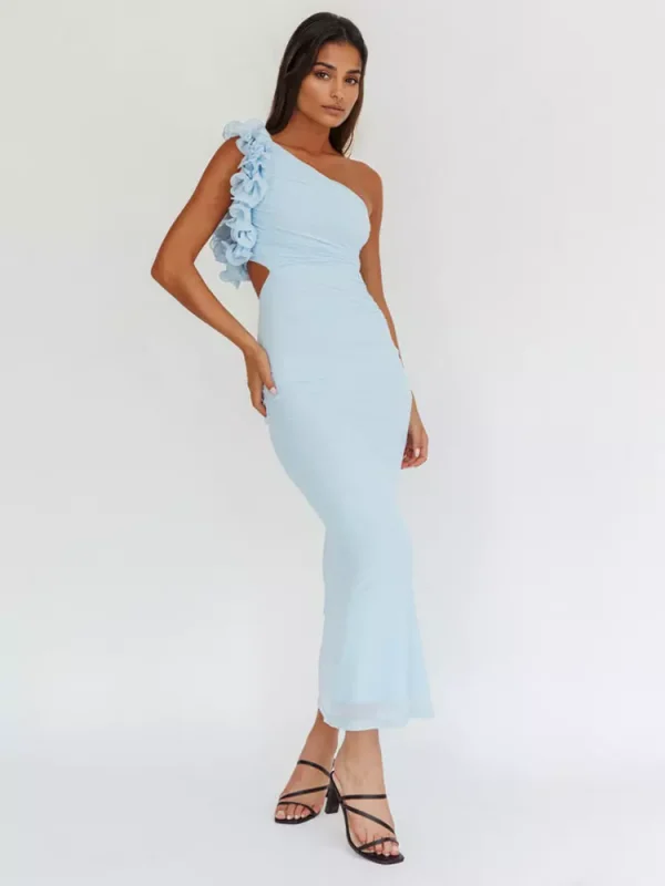 Elegant Ruffles One-Shoulder Cutout Waist Mermaid Long Dress - Image 11