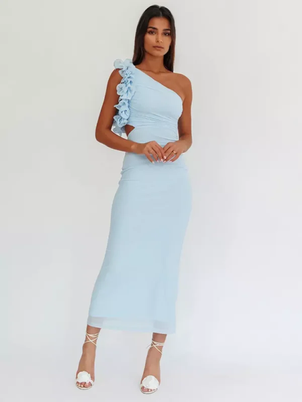 Elegant Ruffles One-Shoulder Cutout Waist Mermaid Long Dress - Image 12