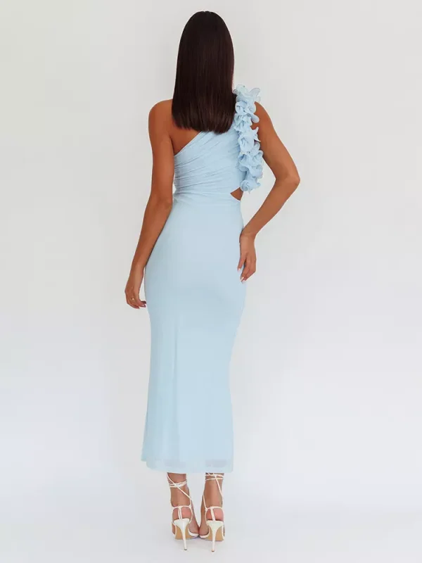 Elegant Ruffles One-Shoulder Cutout Waist Mermaid Long Dress - Image 13