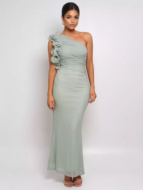 Elegant Ruffles One-Shoulder Cutout Waist Mermaid Long Dress - Image 14