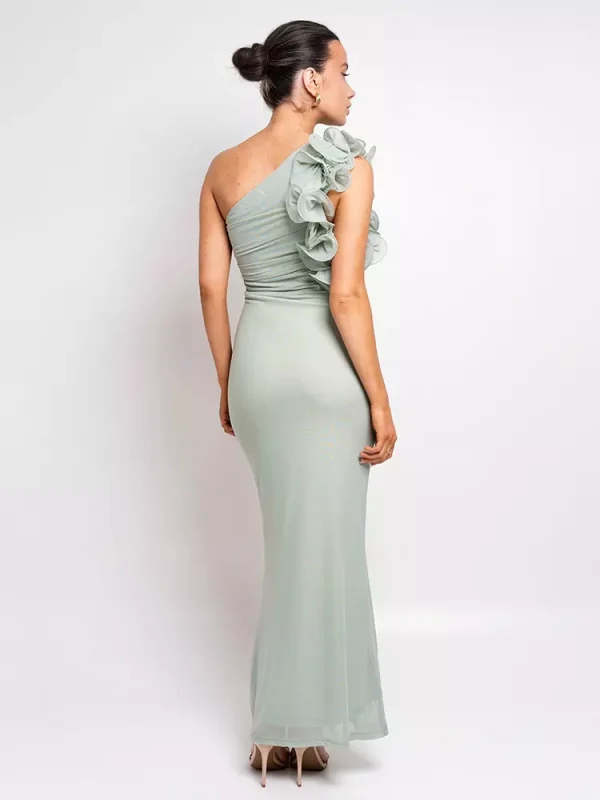 Elegant Ruffles One-Shoulder Cutout Waist Mermaid Long Dress - Image 15