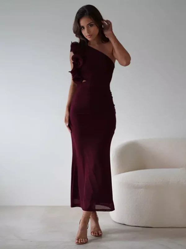 Elegant Ruffles One-Shoulder Cutout Waist Mermaid Long Dress - Image 4