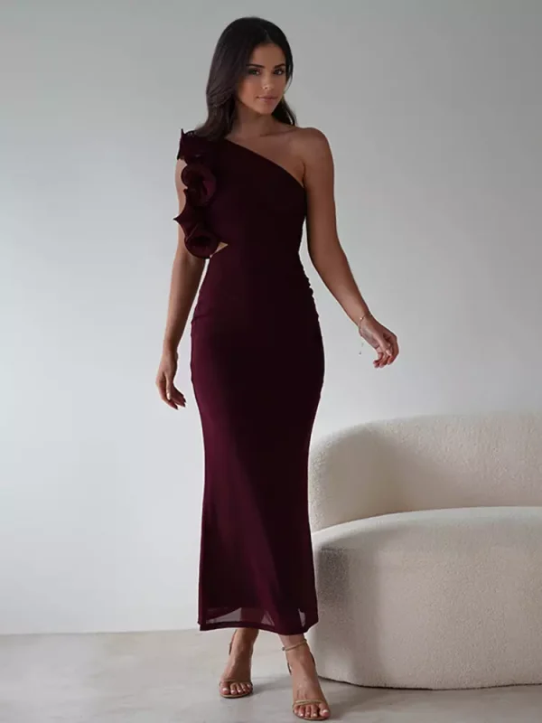 Elegant Ruffles One-Shoulder Cutout Waist Mermaid Long Dress - Image 5