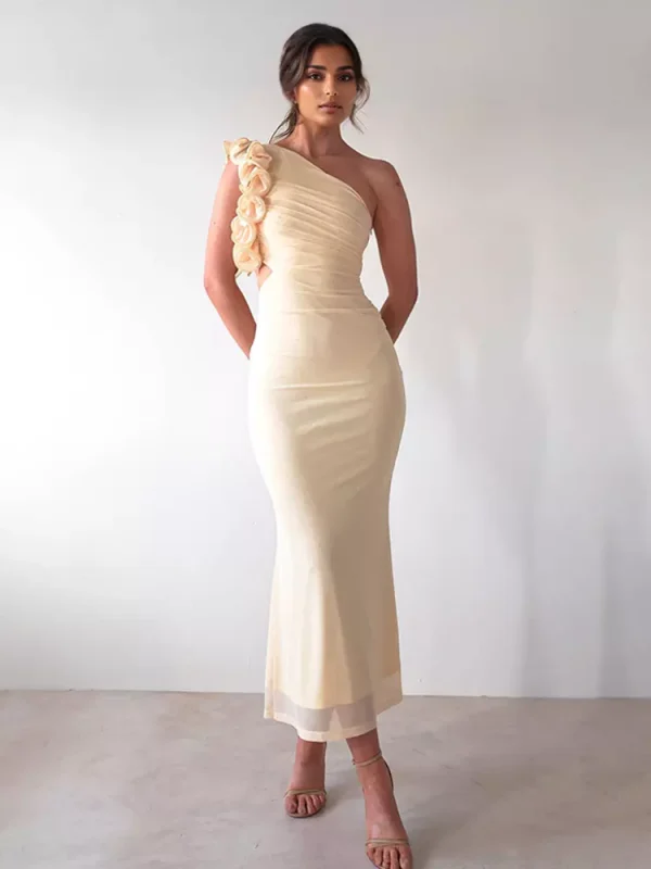 Elegant Ruffles One-Shoulder Cutout Waist Mermaid Long Dress - Image 7