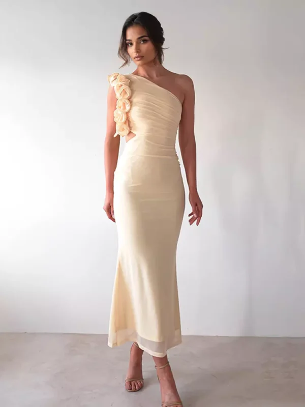 Elegant Ruffles One-Shoulder Cutout Waist Mermaid Long Dress - Image 8