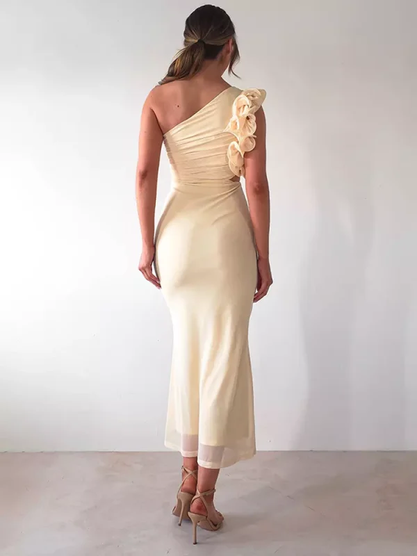 Elegant Ruffles One-Shoulder Cutout Waist Mermaid Long Dress - Image 9