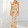 Elegant Sequined Ruffle One Shoulder Floor Length Long Sleeve Event Evening Maxi Dress