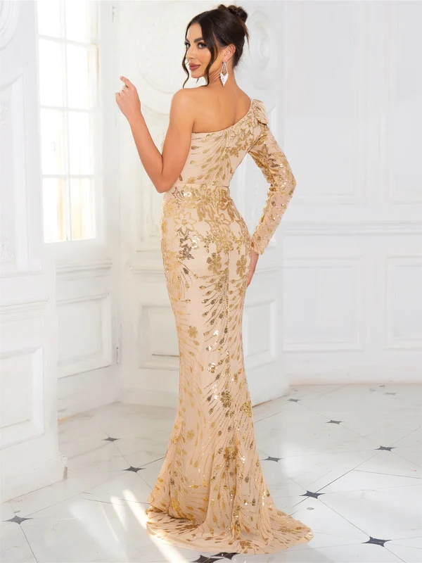 Elegant Sequined Ruffle One Shoulder Floor Length Long Sleeve Event Evening Maxi Dress - Image 7