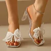Elegant Square Toe Lace Beaded Pearl Bowtie Sandals - Image 2