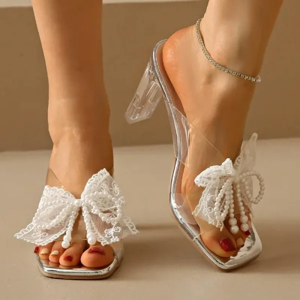 Elegant Square Toe Lace Beaded Pearl Bowtie Sandals - Image 2