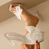 Elegant Square Toe Lace Beaded Pearl Bowtie Sandals - Image 3