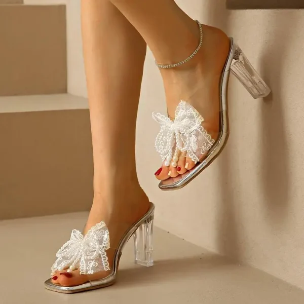 Elegant Square Toe Lace Beaded Pearl Bowtie Sandals - Image 4