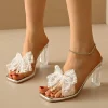 Elegant Square Toe Lace Beaded Pearl Bowtie Sandals - Image 5