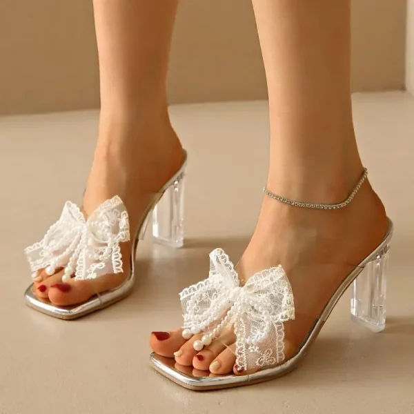 Elegant Square Toe Lace Beaded Pearl Bowtie Sandals - Image 5