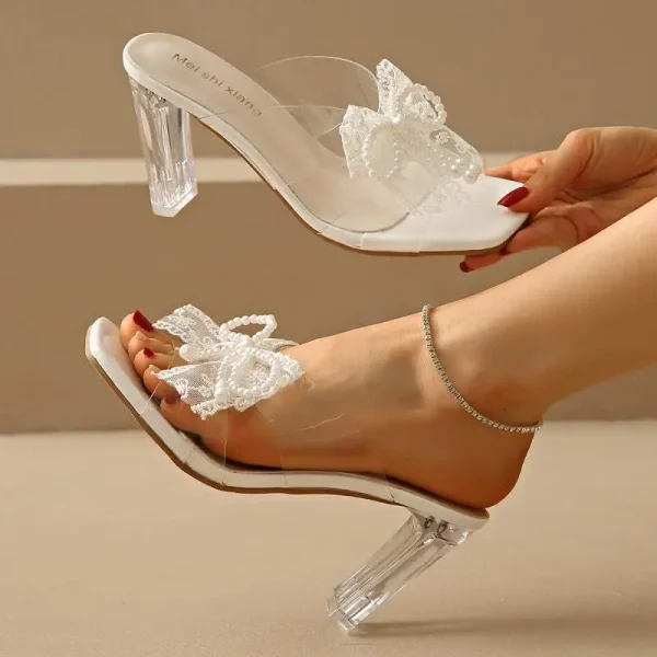 Elegant Square Toe Lace Beaded Pearl Bowtie Sandals - Image 7