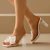 Elegant Square Toe Lace Beaded Pearl Bowtie Sandals - Image 6