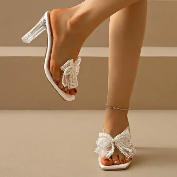 Elegant Square Toe Lace Beaded Pearl Bowtie Sandals - Image 8
