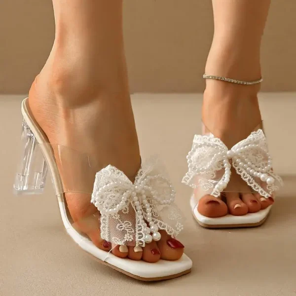 Elegant Square Toe Lace Beaded Pearl Bowtie Sandals - Image 9