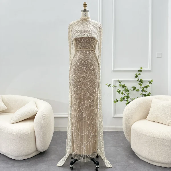 Luxury Pearls with Cape Sleeveless Crystal Sequined Mermaid Wedding Party Evening Maxi Dresses - Image 12