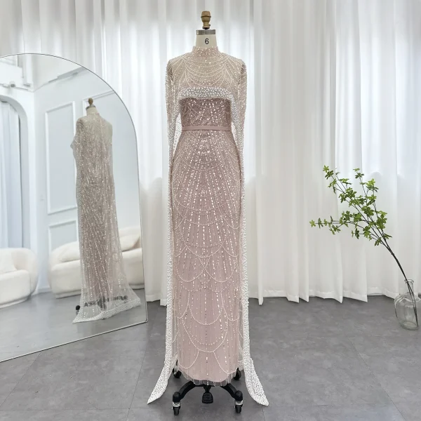 Luxury Pearls with Cape Sleeveless Crystal Sequined Mermaid Wedding Party Evening Maxi Dresses - Image 45