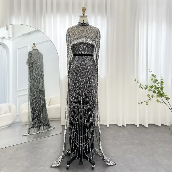 Luxury Pearls with Cape Sleeveless Crystal Sequined Mermaid Wedding Party Evening Maxi Dresses - Image 56