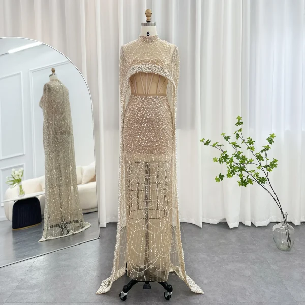 Luxury Pearls with Cape Sleeveless Crystal Sequined Mermaid Wedding Party Evening Maxi Dresses - Image 64