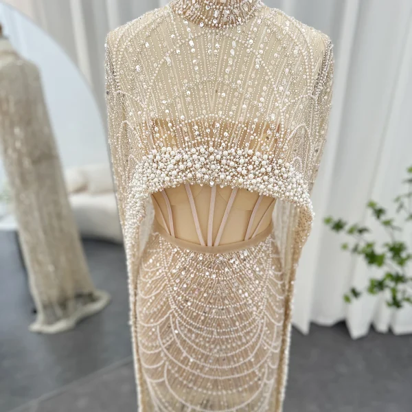 Luxury Pearls with Cape Sleeveless Crystal Sequined Mermaid Wedding Party Evening Maxi Dresses - Image 67
