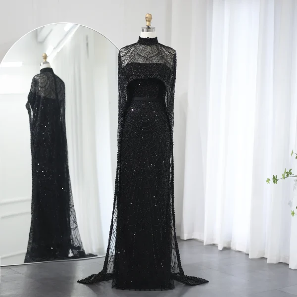 Luxury Pearls with Cape Sleeveless Crystal Sequined Mermaid Wedding Party Evening Maxi Dresses - Image 8