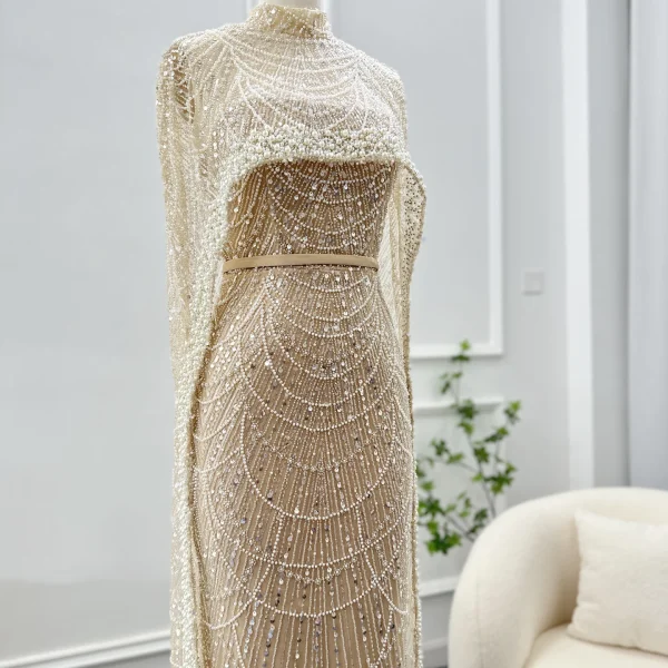 Luxury Pearls with Cape Sleeveless Crystal Sequined Mermaid Wedding Party Evening Maxi Dresses - Image 6