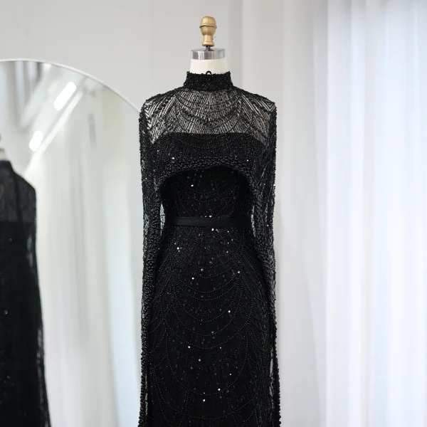 Luxury Pearls with Cape Sleeveless Crystal Sequined Mermaid Wedding Party Evening Maxi Dresses - Image 9