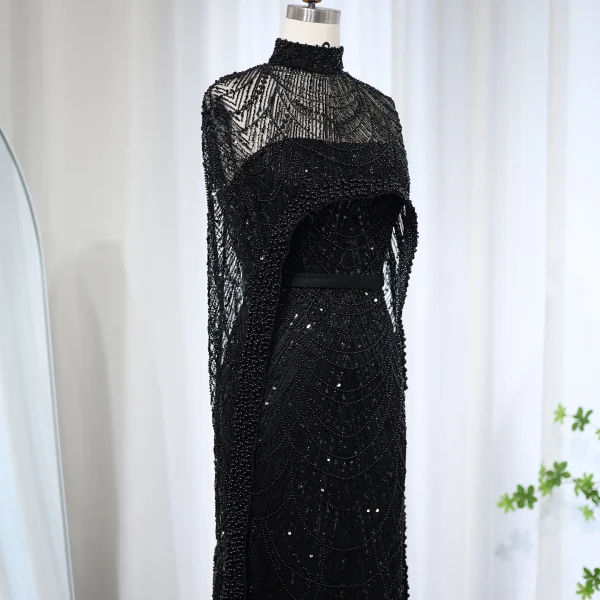 Luxury Pearls with Cape Sleeveless Crystal Sequined Mermaid Wedding Party Evening Maxi Dresses - Image 11