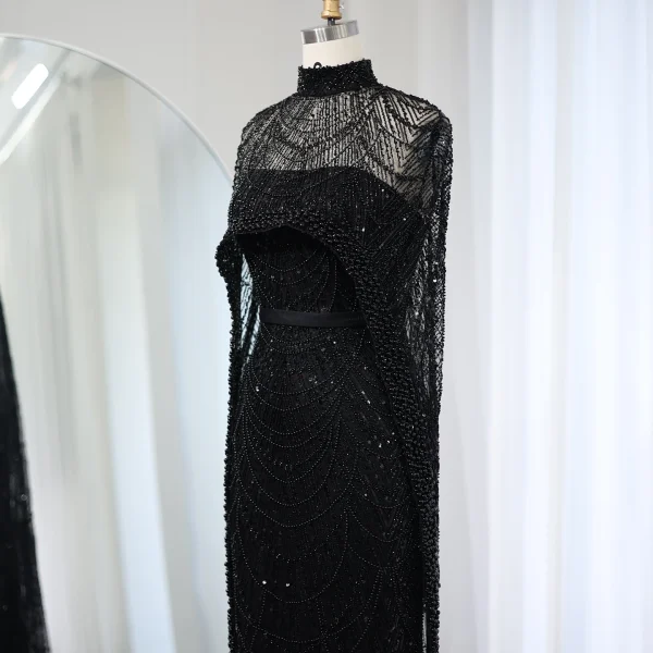 Luxury Pearls with Cape Sleeveless Crystal Sequined Mermaid Wedding Party Evening Maxi Dresses - Image 13