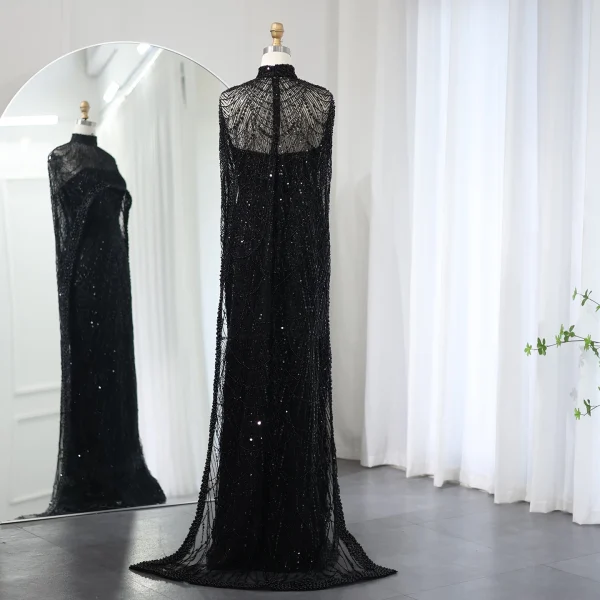 Luxury Pearls with Cape Sleeveless Crystal Sequined Mermaid Wedding Party Evening Maxi Dresses - Image 14