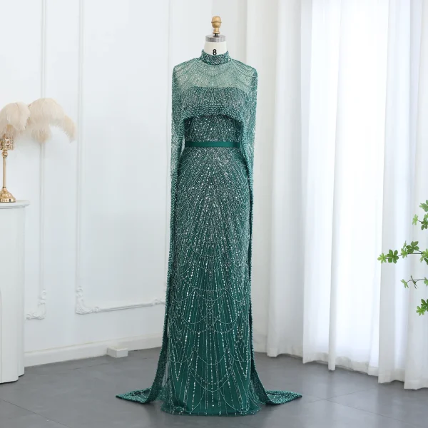 Luxury Pearls with Cape Sleeveless Crystal Sequined Mermaid Wedding Party Evening Maxi Dresses - Image 15