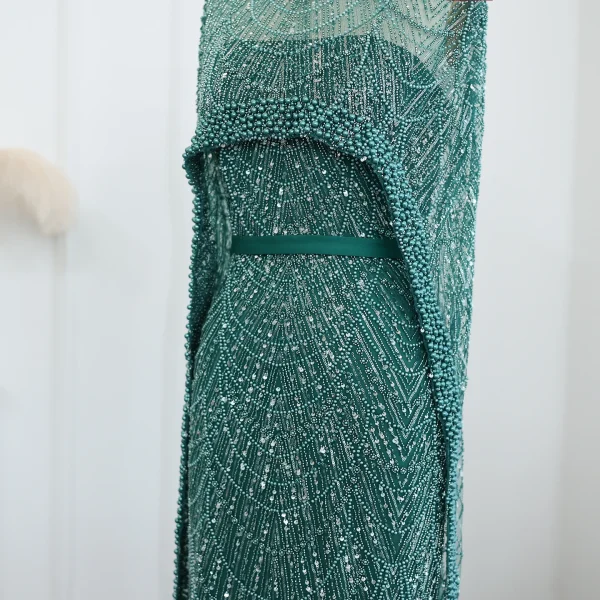 Luxury Pearls with Cape Sleeveless Crystal Sequined Mermaid Wedding Party Evening Maxi Dresses - Image 20