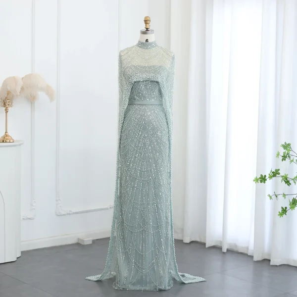 Luxury Pearls with Cape Sleeveless Crystal Sequined Mermaid Wedding Party Evening Maxi Dresses - Image 25