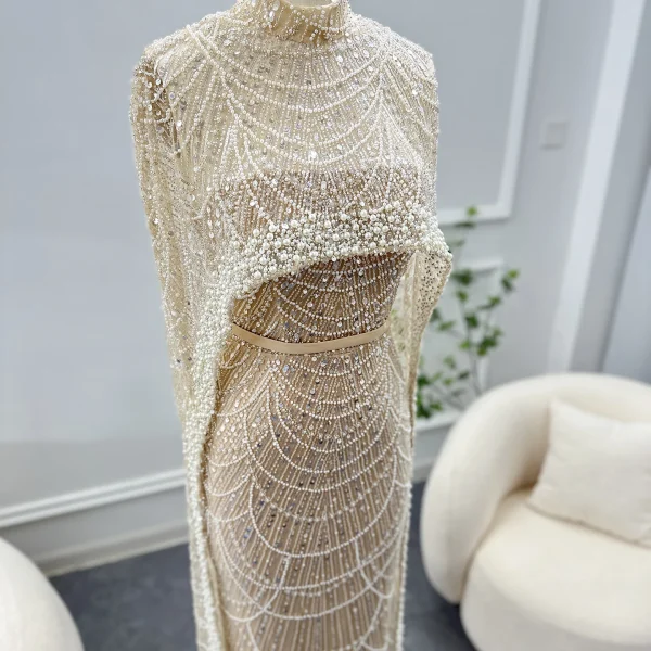 Luxury Pearls with Cape Sleeveless Crystal Sequined Mermaid Wedding Party Evening Maxi Dresses - Image 18