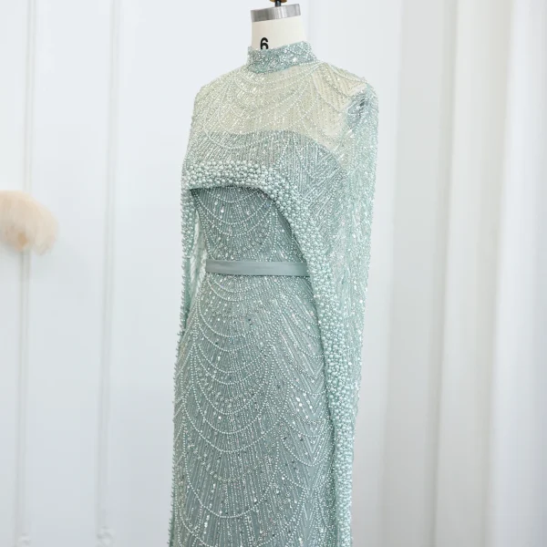 Luxury Pearls with Cape Sleeveless Crystal Sequined Mermaid Wedding Party Evening Maxi Dresses - Image 27