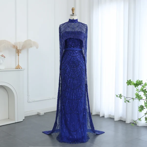 Luxury Pearls with Cape Sleeveless Crystal Sequined Mermaid Wedding Party Evening Maxi Dresses - Image 31