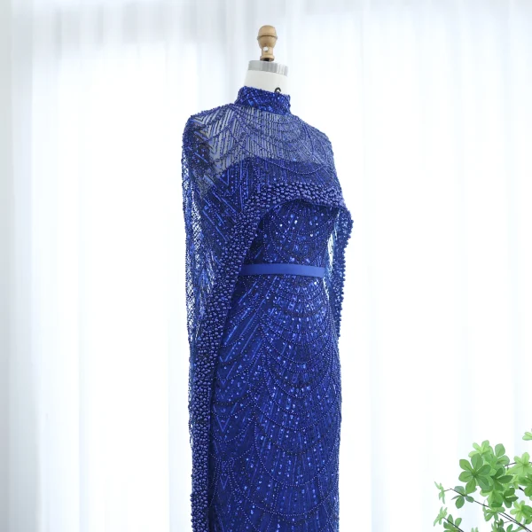 Luxury Pearls with Cape Sleeveless Crystal Sequined Mermaid Wedding Party Evening Maxi Dresses - Image 28