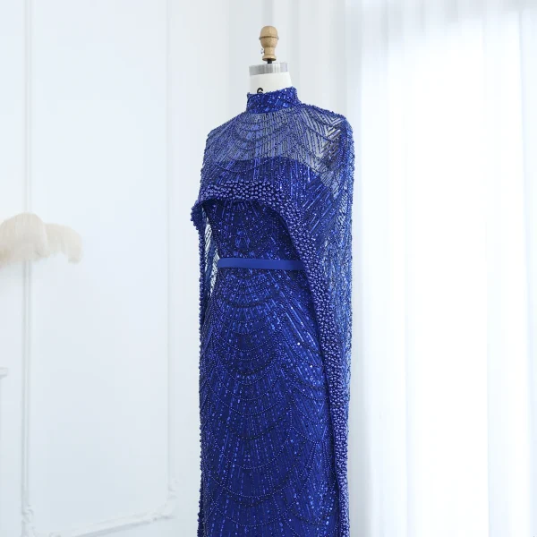 Luxury Pearls with Cape Sleeveless Crystal Sequined Mermaid Wedding Party Evening Maxi Dresses - Image 19