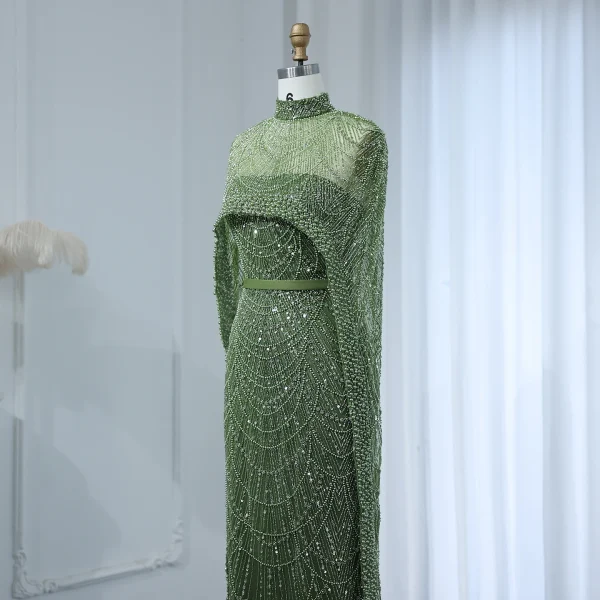 Luxury Pearls with Cape Sleeveless Crystal Sequined Mermaid Wedding Party Evening Maxi Dresses - Image 36