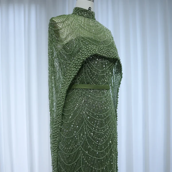 Luxury Pearls with Cape Sleeveless Crystal Sequined Mermaid Wedding Party Evening Maxi Dresses - Image 37