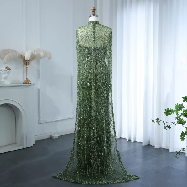 Luxury Pearls with Cape Sleeveless Crystal Sequined Mermaid Wedding Party Evening Maxi Dresses - Image 38
