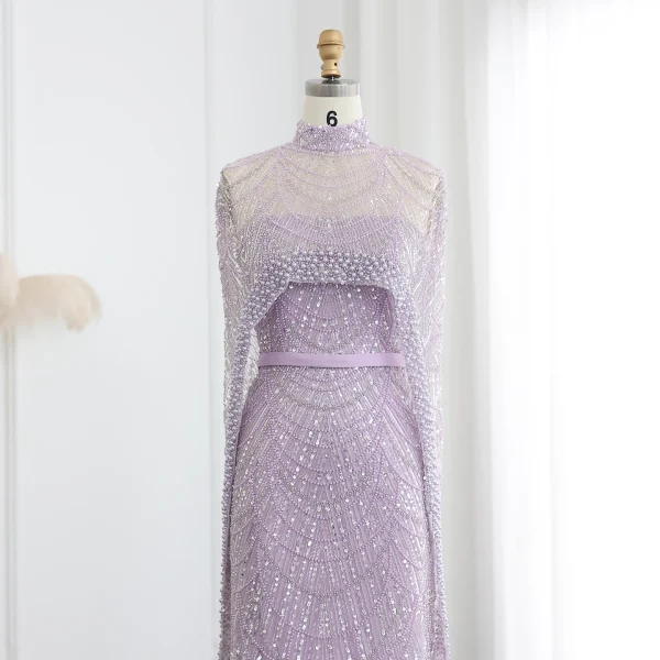 Luxury Pearls with Cape Sleeveless Crystal Sequined Mermaid Wedding Party Evening Maxi Dresses - Image 40