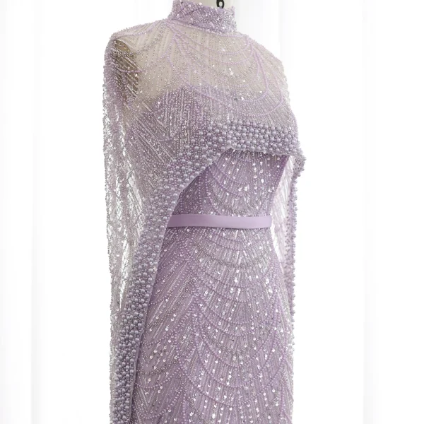 Luxury Pearls with Cape Sleeveless Crystal Sequined Mermaid Wedding Party Evening Maxi Dresses - Image 43