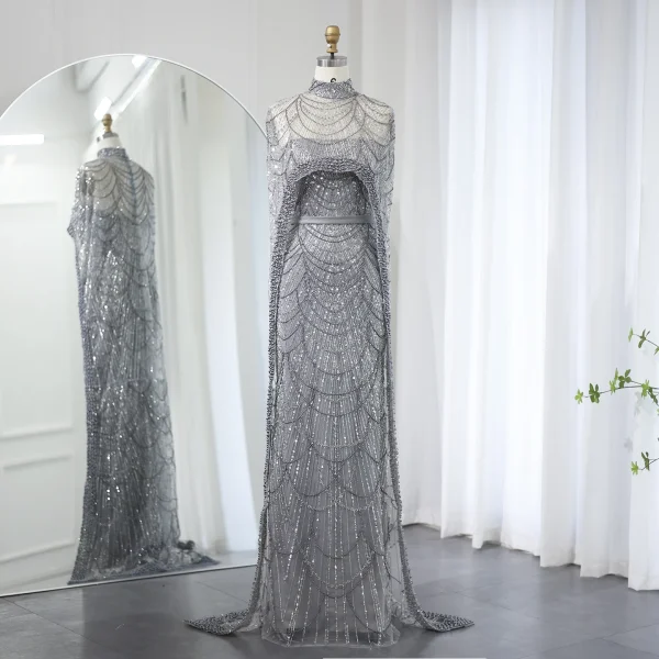 Luxury Pearls with Cape Sleeveless Crystal Sequined Mermaid Wedding Party Evening Maxi Dresses - Image 47